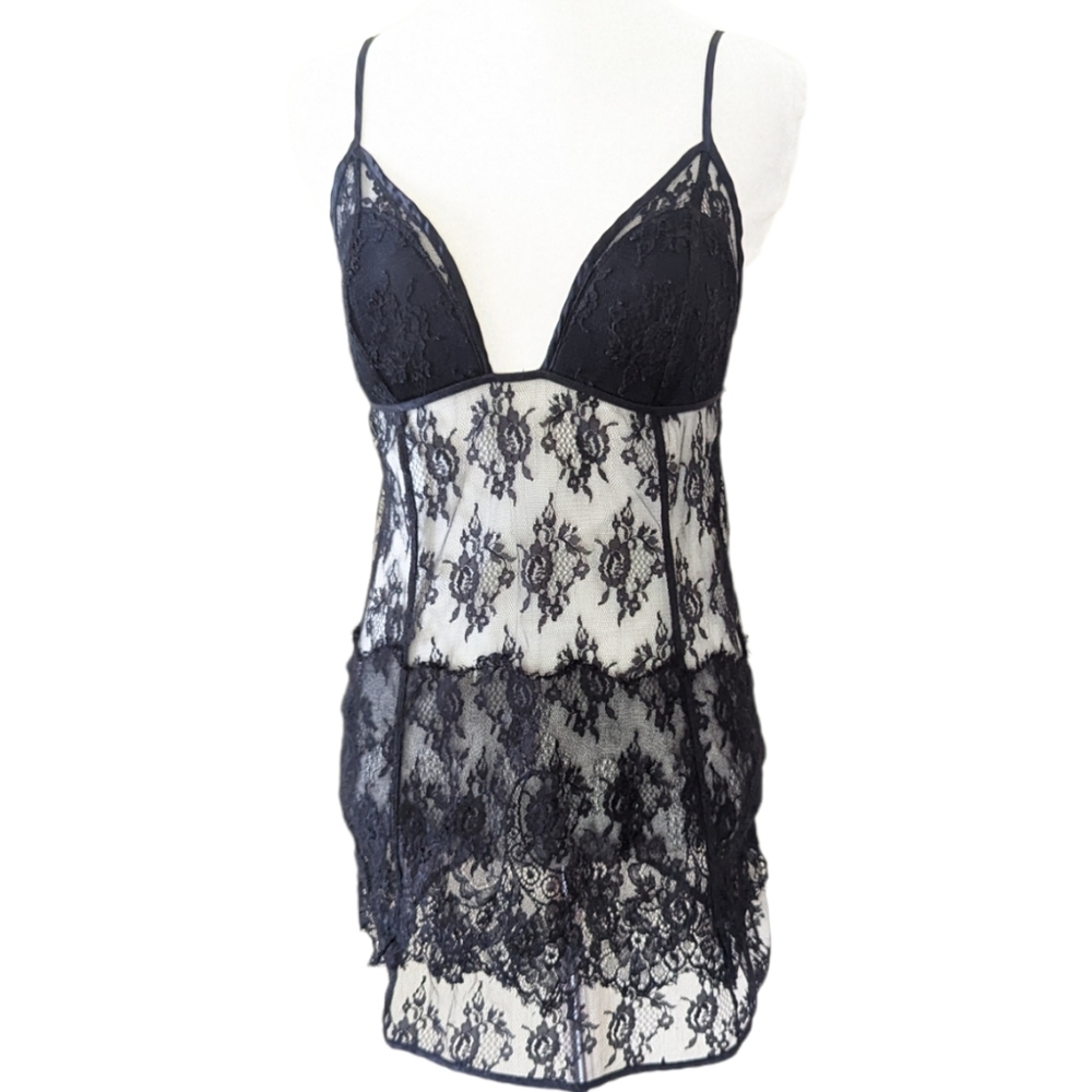 Victoria's Secret Teddy Large Lace Black Sheer Bodice Strappy Back Nightie Dress - Picture 1 of 4